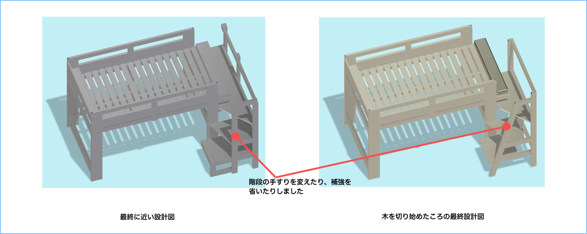 ロフトベッドの設計当初と完成時の比較