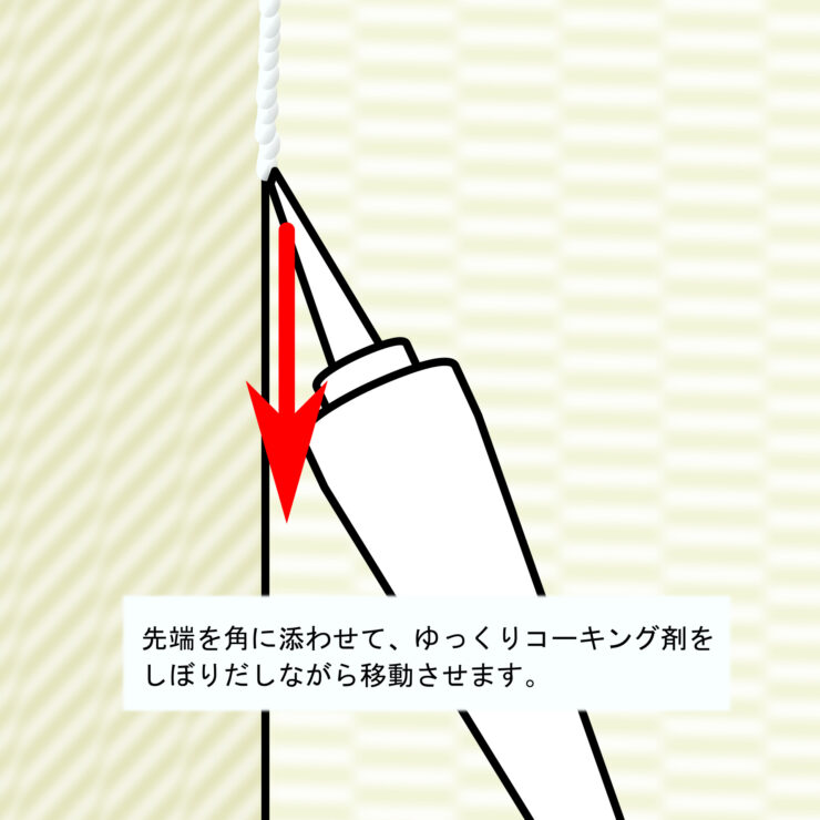 壁の角にできたすき間にコーキング剤を流し込む解説図